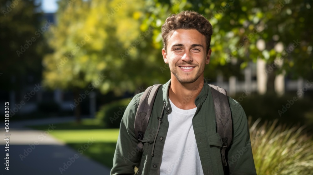 Smiling young male college student with backpack on campus