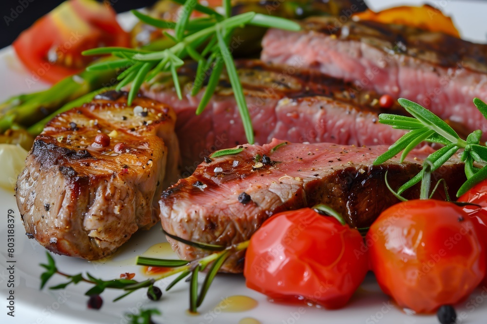 A succulent grilled steak garnished with fresh cherry tomatoes, rosemary, and spices, perfect for a gourmet meal A succulent grilled steak garnished with fresh cherry tomatoes, rosemary, and spices, perfect for a gourmet meal