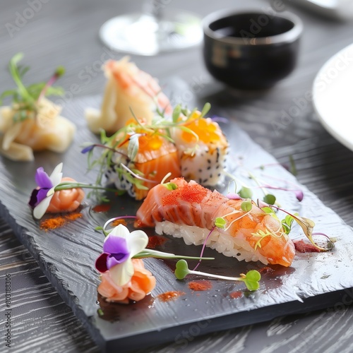 An elegant arrangement of sushi beautifully adorned with flowers and microgreens, served on a sleek black plate along with ginger and wasabi