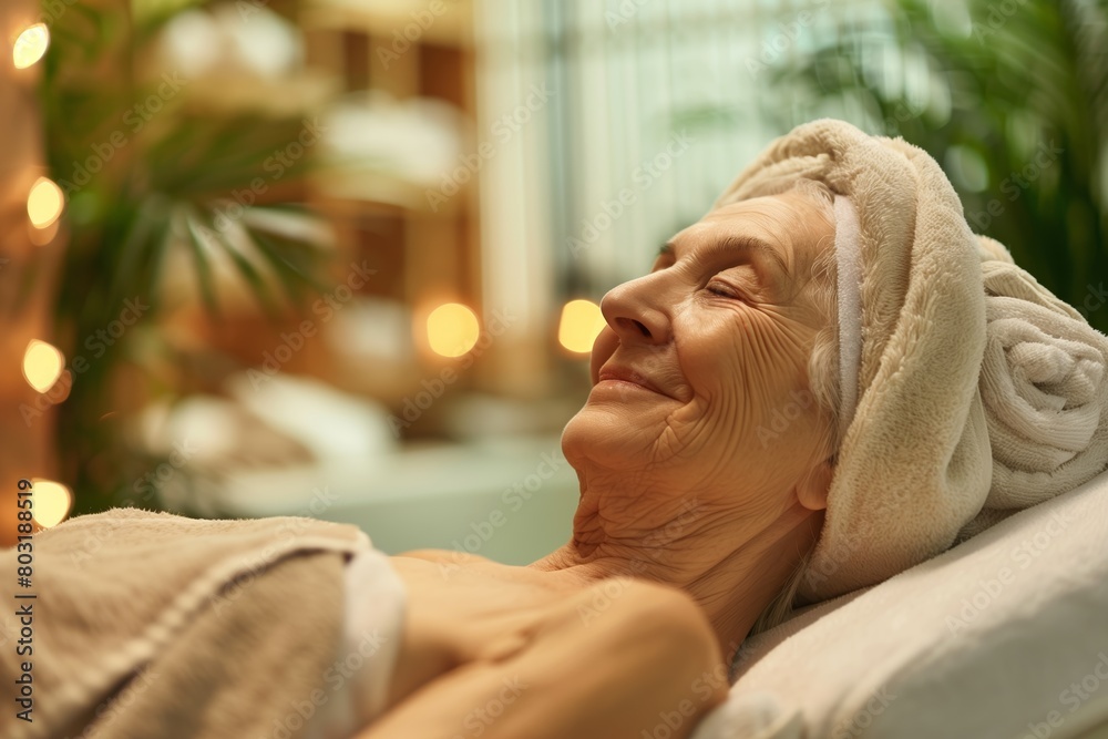 Close-up of a senior individual's back wrapped in a cozy towel, reflecting relaxation and health in a warm spa Close-up of a senior individual's back wrapped in a cozy towel, reflecting relaxation and health in a warm spa