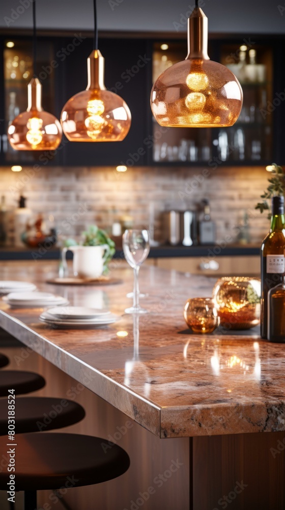 Luxury kitchen island with marble and copper pendant lights Luxury kitchen island with marble and copper pendant lights