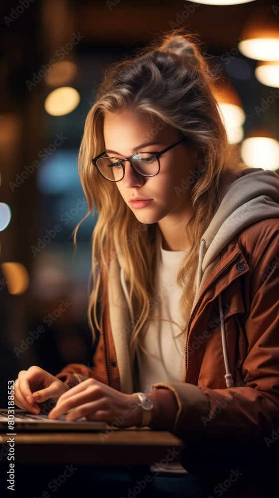 Young woman in glasses using laptop in dimly lit room Young woman in glasses using laptop in dimly lit room