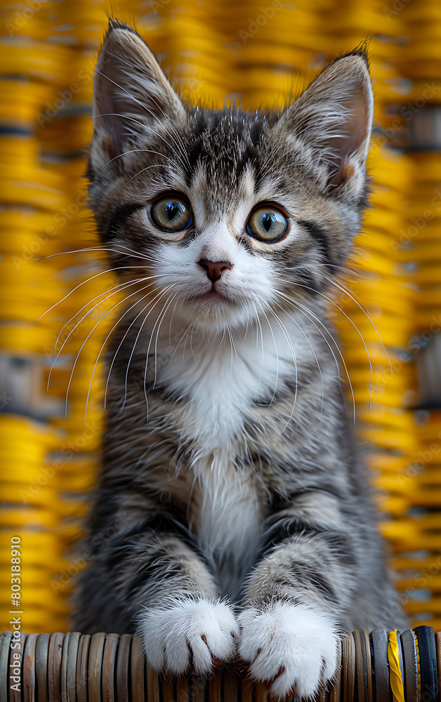 Un gatito gris y blanco sentado sobre un fondo amarillo Un gatito gris y blanco sentado sobre un fondo amarillo