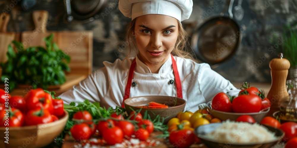 A beautiful female chef is preparing a delicious meal in the kitchen. A beautiful female chef is preparing a delicious meal in the kitchen.