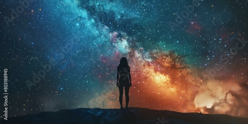 girl standing alone in front of the starry sky
