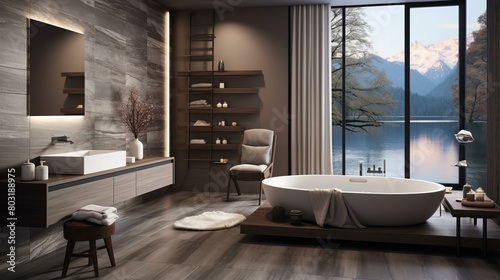 Bathroom with a view of the mountains photo
