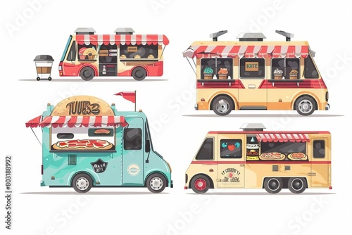 colorful street food trucks offering pizza ice cream and coffee mobile cafe and food vendor illustration