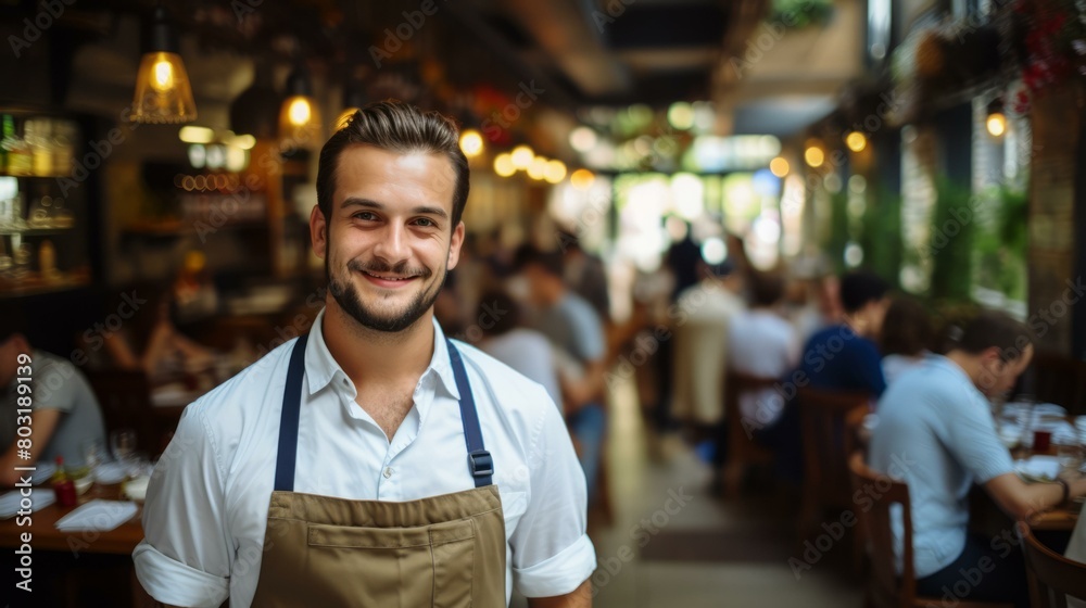 Fototapeta premium Portrait of a happy young male waiter in a busy restaurant