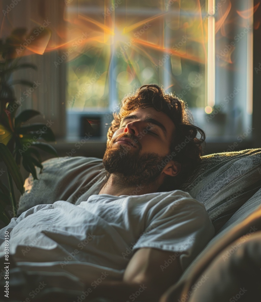 Man taking a nap on the couch with sunlight on his face Man taking a nap on the couch with sunlight on his face