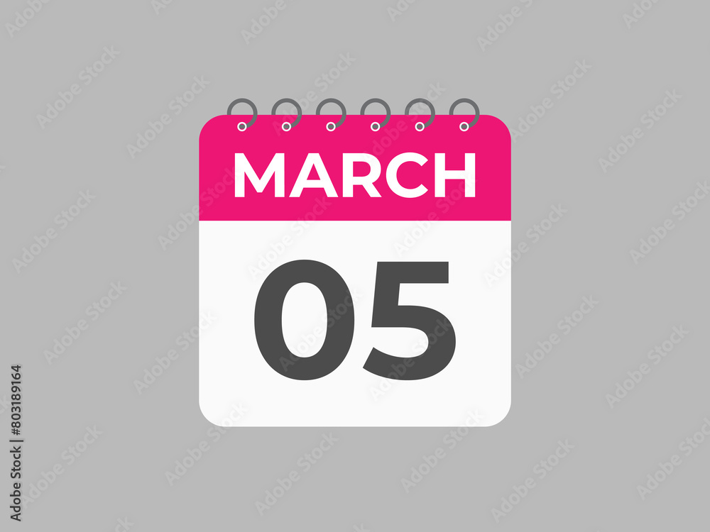 March5 calendar reminder. 5 Marchdaily calendar icon template. Calendar 5 Marchicon Design template. Vector illustration
March5 calendar reminder. 5 Marchdaily calendar icon template. Calendar 5 Marchicon Design template. Vector illustration