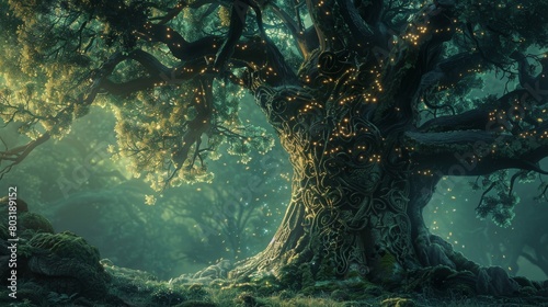 Enchanting mystical tree with Celtic symbols in a magical forest scene photo