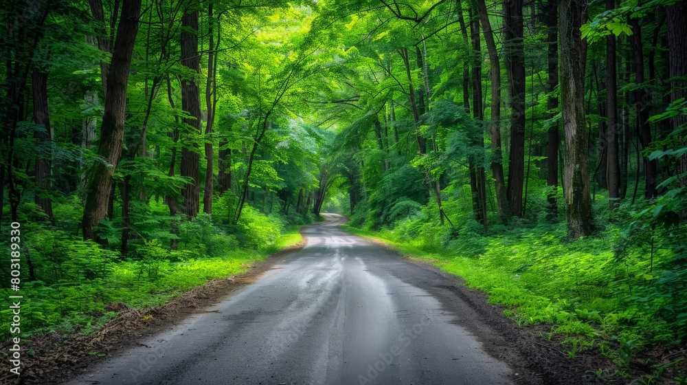 A photo of a winding road through a lush green forest.
