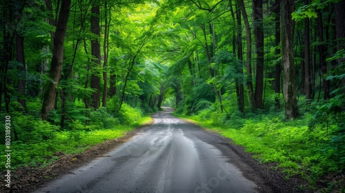 A photo of a winding road through a lush green forest.