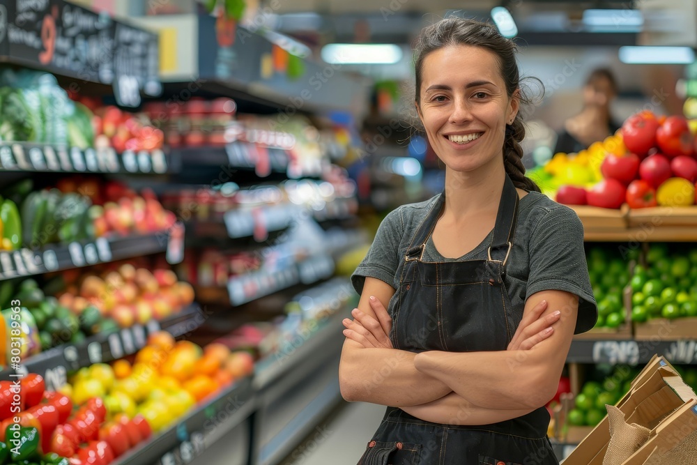 confident supermarket seller standing with arms crossed smiling at camera retail customer service
