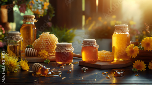 Artisanal Honey Collection on Rustic Wooden Background. Generative AI