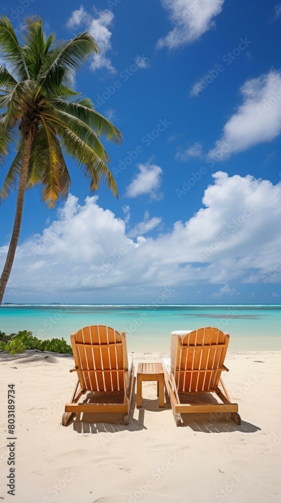 Two wooden beach chairs sit on a sandy beach with the ocean in the background