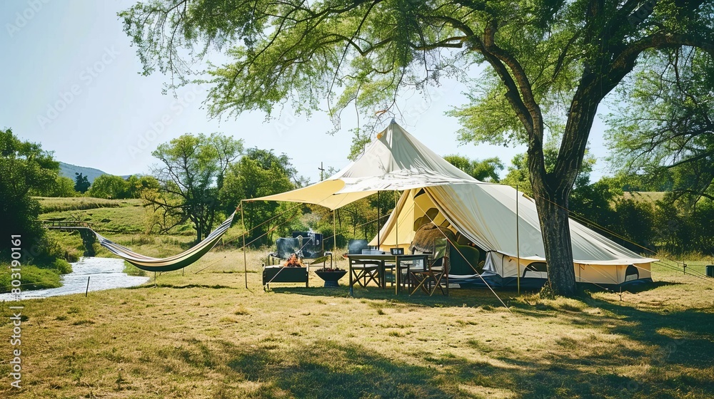 Family camping near the river in the summer