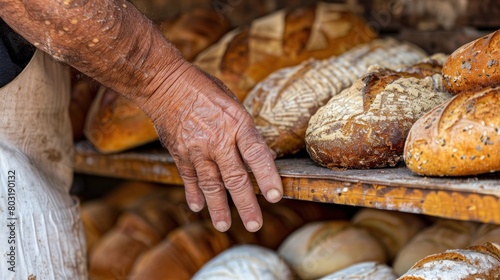 Hands carefully selecting bread from a display case, showcasing the irresistible freshness of bakery products. 