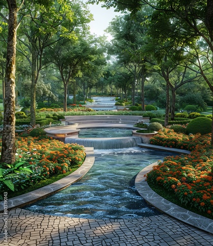 landscaped garden with a long water feature and colorful flowers