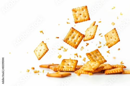 crispy square crackers falling on white background savory snack food photography photo