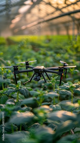 A drone is flying over a field of green plants.