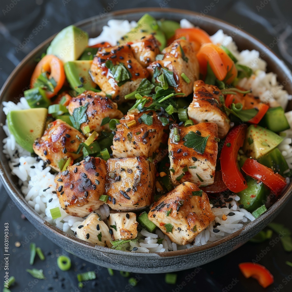 Chicken Teriyaki Bowl with Rice, Vegetables, and Avocado Chicken Teriyaki Bowl with Rice, Vegetables, and Avocado