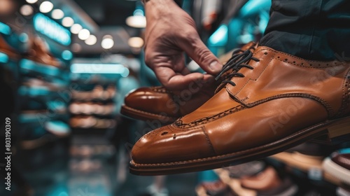 A shopper's hand delicately browsing and selecting shoes, showcasing individualized footwear preferences.
 photo