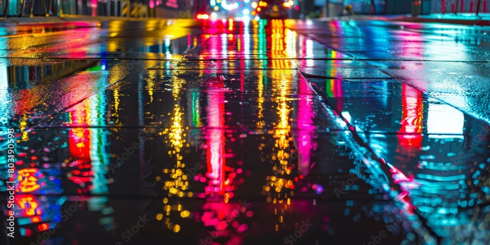 City lights reflecting off wet pavement at night