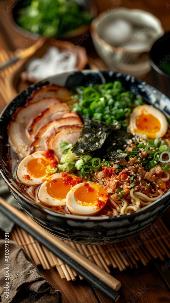 A delicious bowl of ramen with pork, eggs, and vegetables A delicious bowl of ramen with pork, eggs, and vegetables