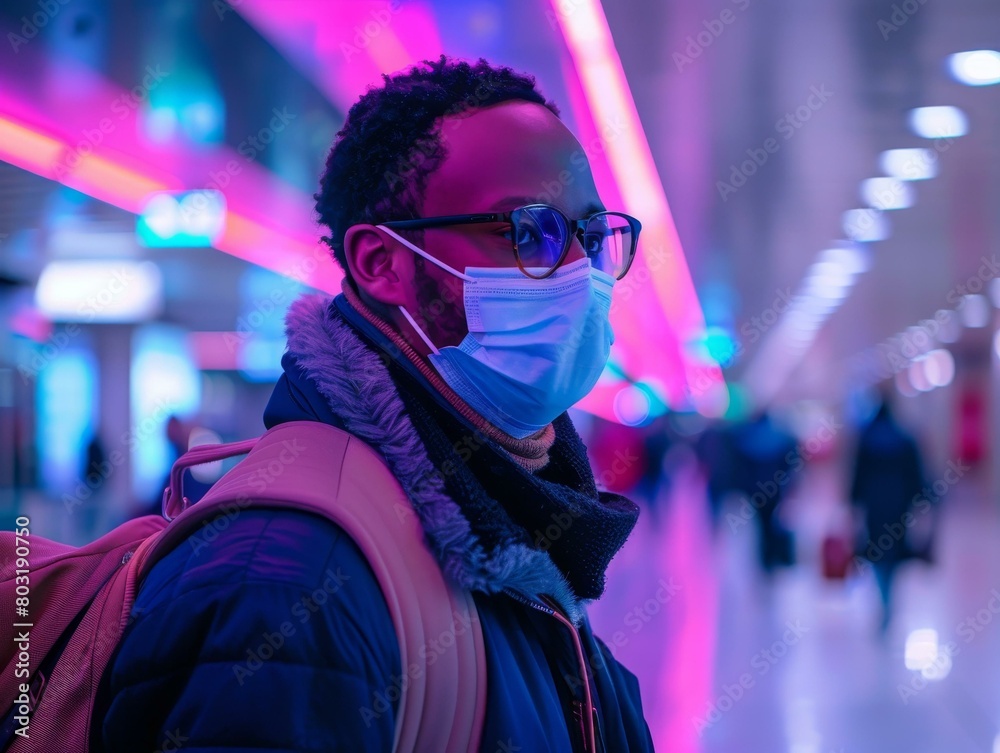 Afro-futurist wearing a mask in a subway station Afro-futurist wearing a mask in a subway station