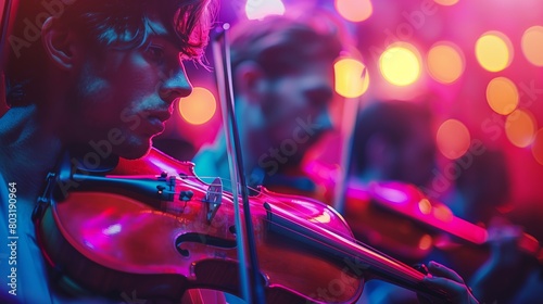 Neon Glow: Intimate Violin Detail in Symphony Orchestra photo