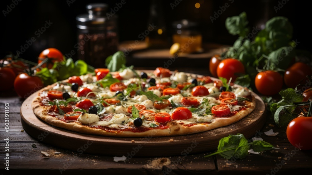A delicious pizza with fresh tomatoes, basil, and mozzarella cheese A delicious pizza with fresh tomatoes, basil, and mozzarella cheese