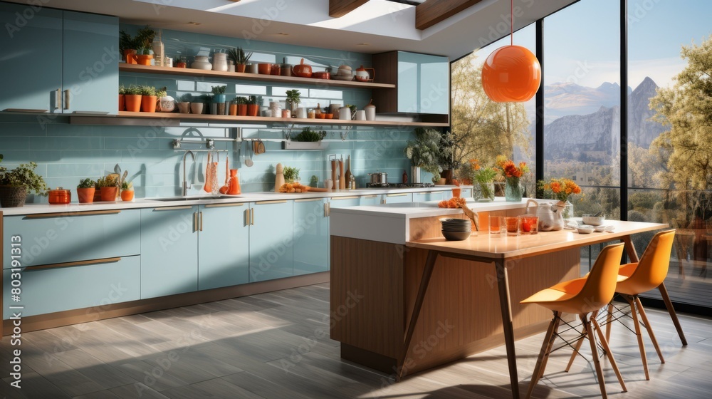 Blue and orange kitchen with a large window looking out onto a mountain landscape