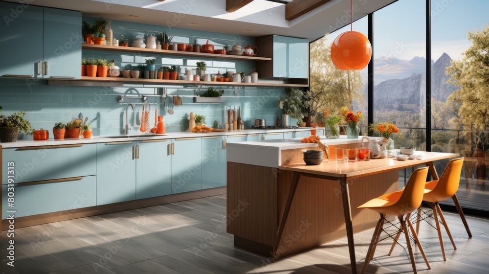 Blue and orange kitchen with a large window looking out onto a mountain landscape Blue and orange kitchen with a large window looking out onto a mountain landscape