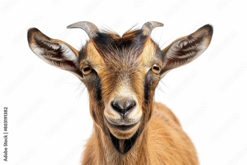 curious brown goat looking at camera isolated on white background cute farm animal portrait