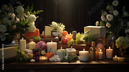 Serene Candle Display with Delicate Floral Arrangement. Generative AI