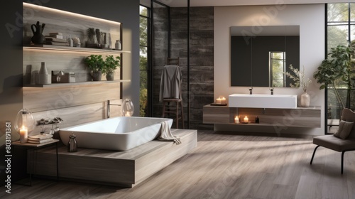 Bathroom interior with natural elements and warm lighting