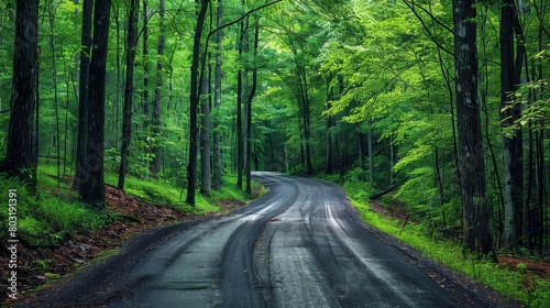 A photo of an empty winding road through a lush green forest.