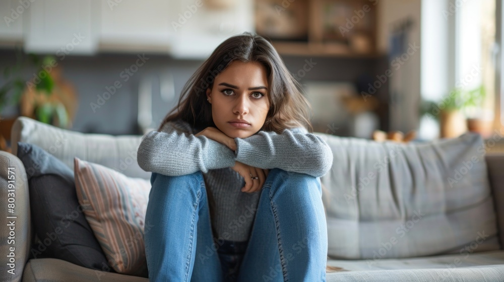 Upset sad unhappy woman sitting on the couch in the living room of the house. Problems in your personal life, depression, stress, a quarrel with a friend, a breakup with a boyfriend or husband concept Upset sad unhappy woman sitting on the couch in the living room of the house. Problems in your personal life, depression, stress, a quarrel with a friend, a breakup with a boyfriend or husband concept