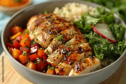Grilled chicken breast with roasted vegetables and brown rice