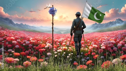 Soldier holding Pakistani flag with doves on flowering hills photo