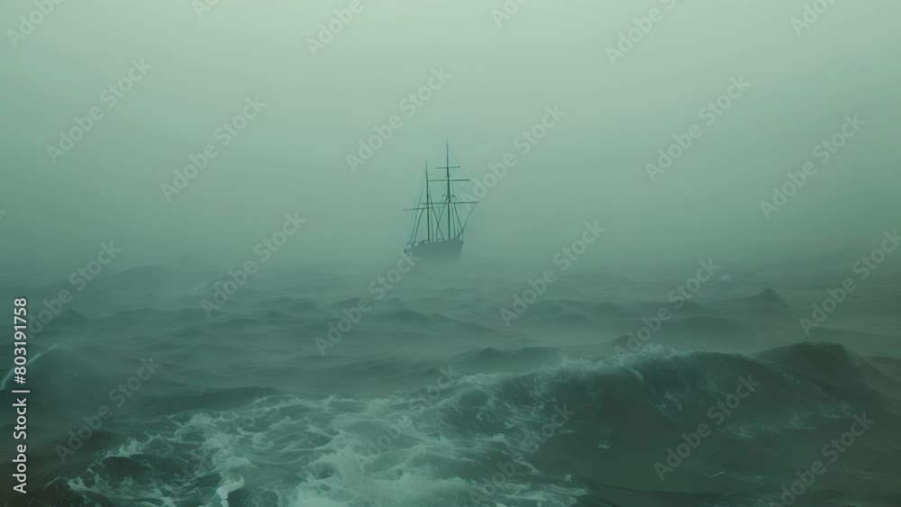 A lone ship battles the stormy seas amidst dense fog in the mysterious Bermuda Triangle, where compasses fail ship, stormy, seas, dense, fog, Bermu
