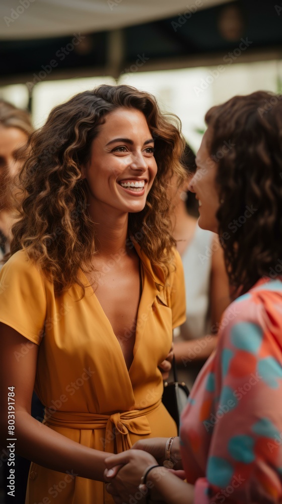 Two young women at a party are talking and smiling Two young women at a party are talking and smiling