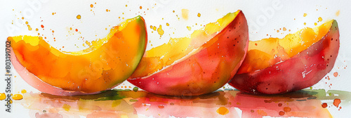 Watercolor illustration of mango pieces, beautiful, elicious, generative ai photo