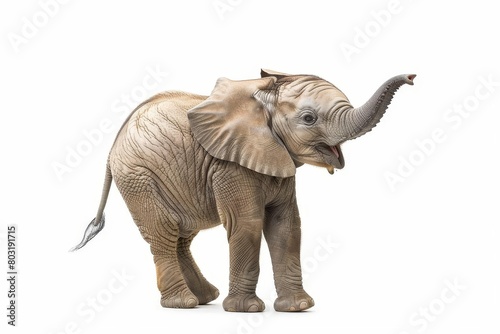 cute baby elephant extending trunk in greeting gesture isolated on white background