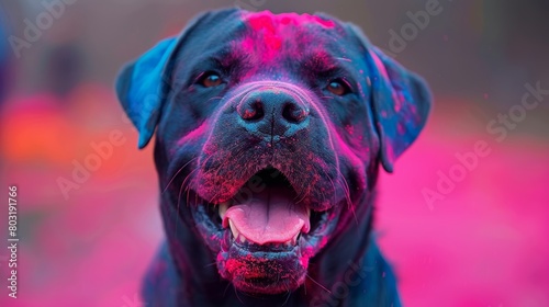 Playful dog joyfully jumps and frolics amidst the vibrant colors of the holi festival