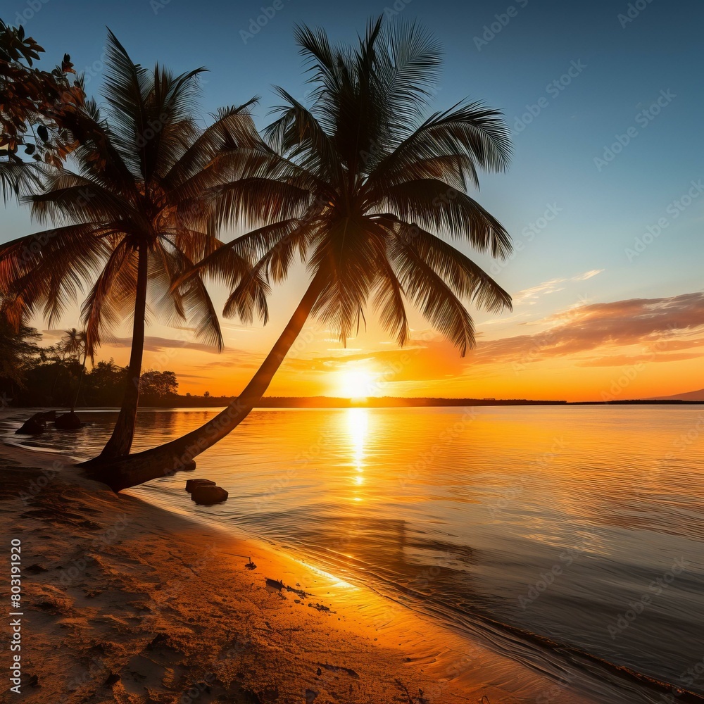 Beach sunset with palm trees