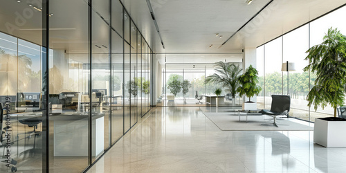 Contemporary office interior with glass walls and a central potted plant in a spacious room