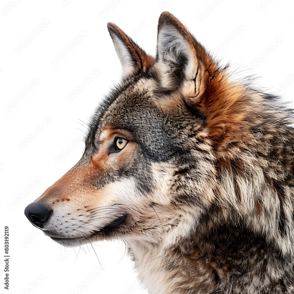 Wolf face shot side view on isolated transparent background