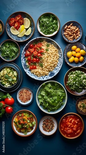 A variety of Mediterranean food ingredients are arranged on a blue background